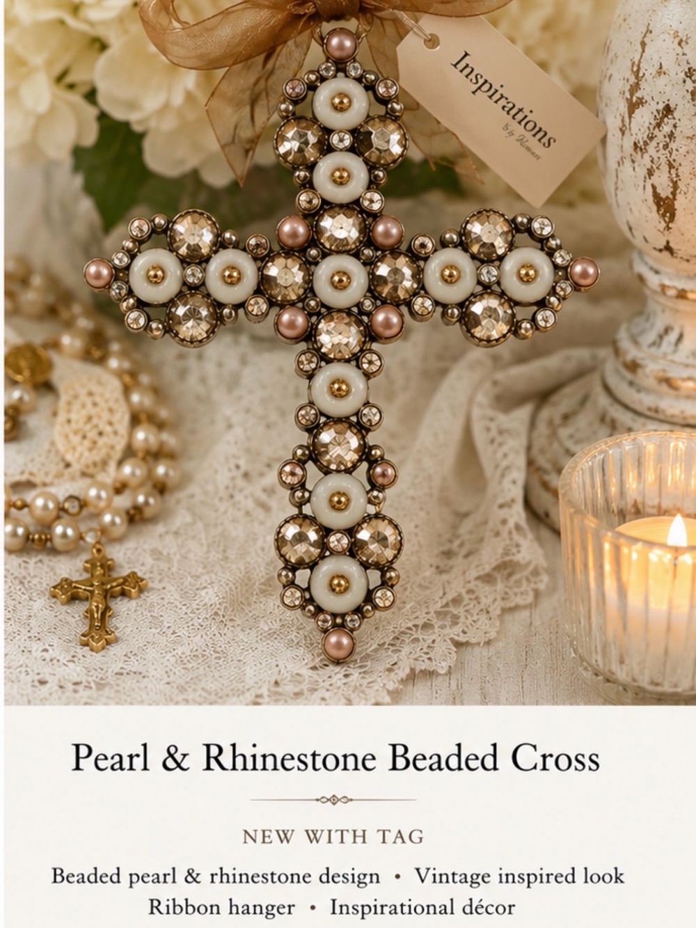 Pearl & Rhinestone Beaded Cross Wall Hanging